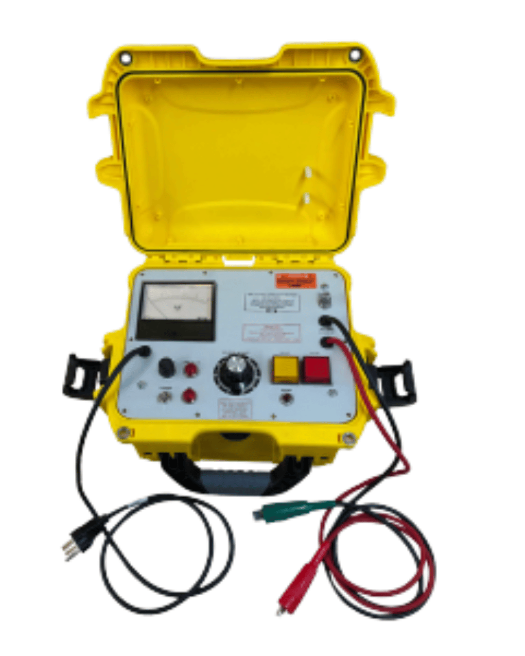 Open yellow case with dielectric strength testerand attached cables ready for field use
