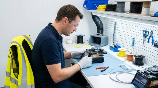 Technician following fiber optic safety precautions during cable handling