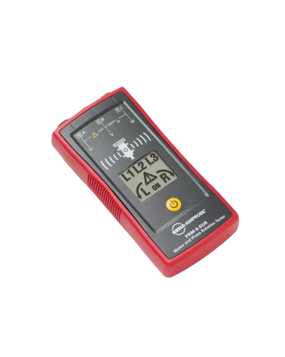 Angled view of AMPROBE PRM-6 phase rotation meter and motor rotation tester