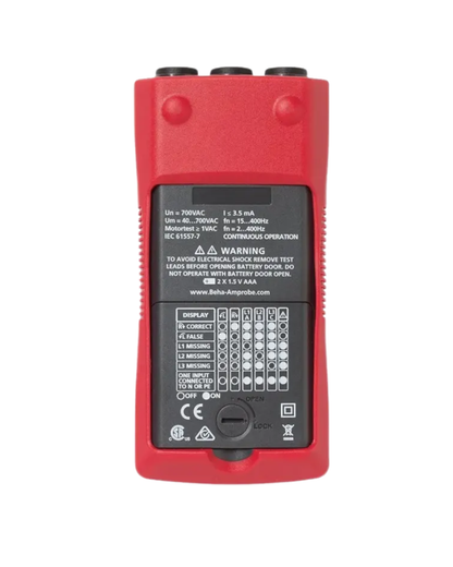 Rear View of AMPROBE PRM-6 phase rotation meter and motor rotation tester