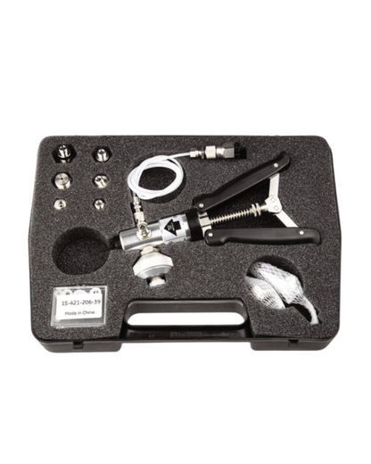 Kit contents in foam insert for Druck PV211-14 pneumatic hand including accessories and pump