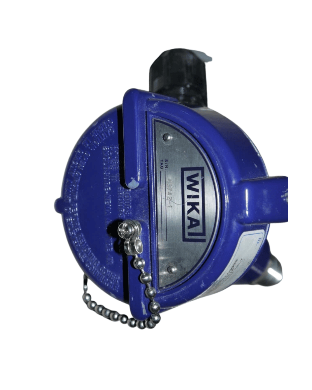 Wika RTD sensor close-up showing blue terminal head and WIKA logo