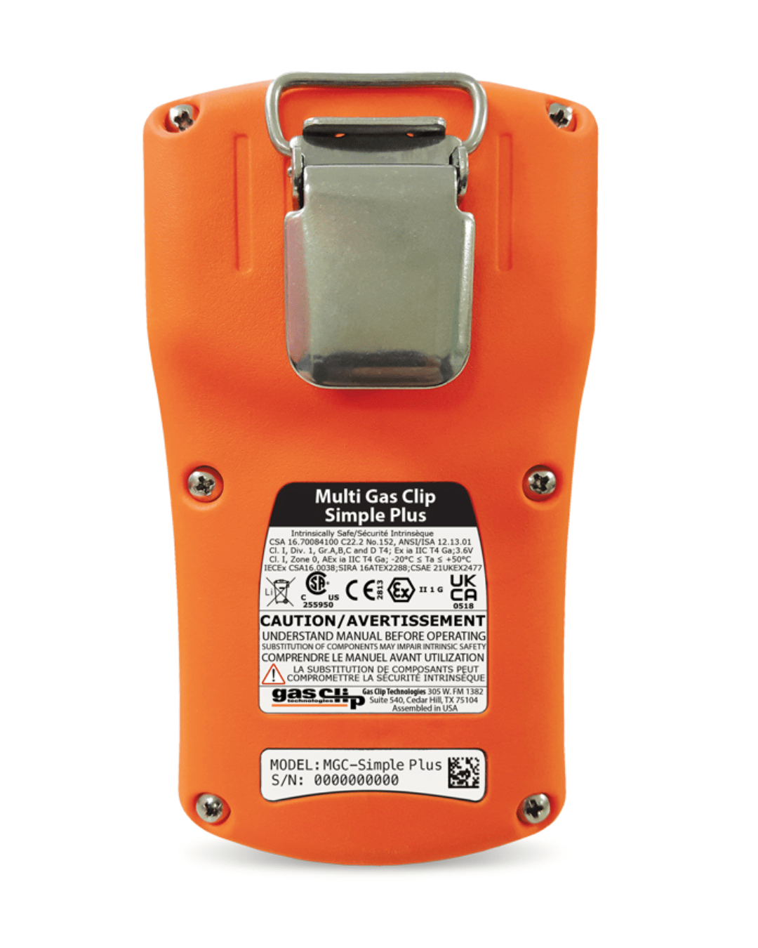 Rear view of  multi gas monitor  showing back label and belt clip 