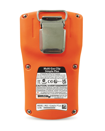 Rear view of  multi gas monitor  showing back label and belt clip 