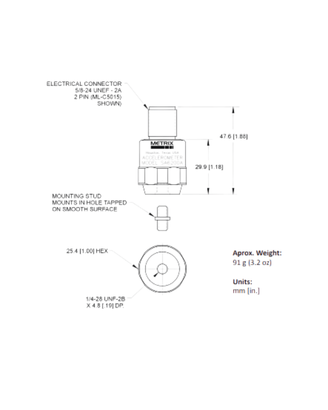 Technical drawing with dimensions of Metrix sensor for installation reference